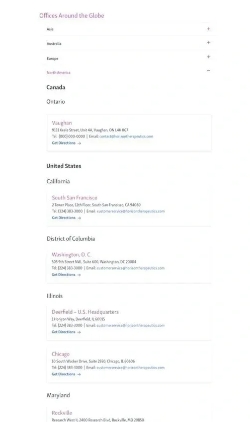 List of office locations around the globe with addresses, phone numbers, and email contacts for North America, Canada, United States, District of Columbia, Illinois, Chicago, and Maryland.