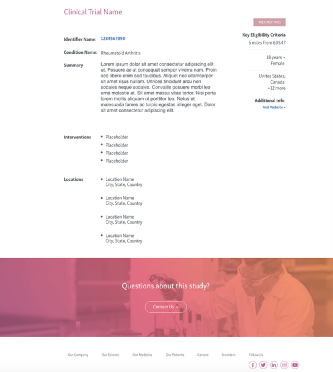 A webpage template for a clinical trial announcement with sections for trial details, eligibility criteria, interventions, locations, and a contact prompt for questions, featuring a footer with company links and social media icons.