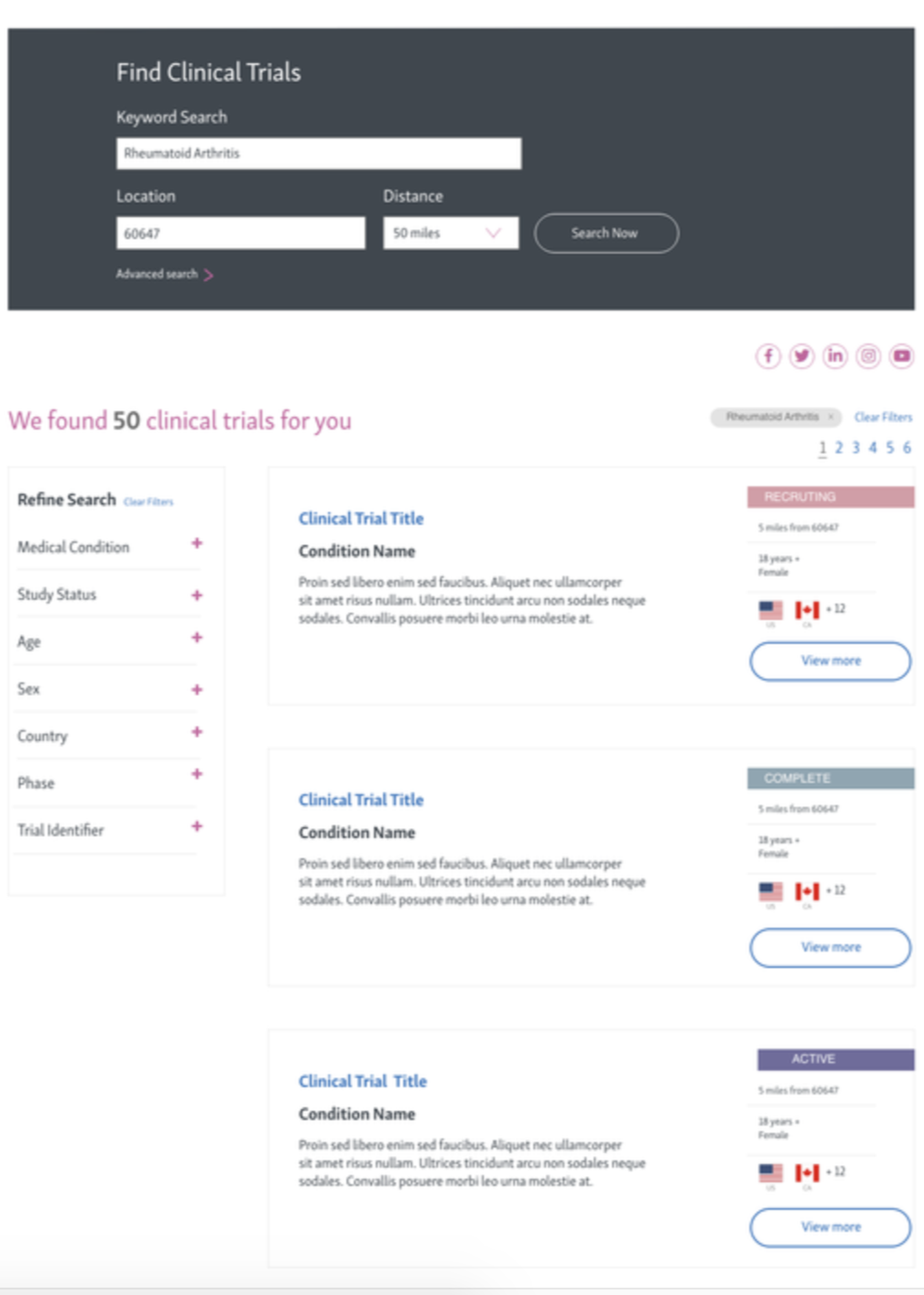 Screenshot of a website displaying search results for clinical trials related to rheumatoid arthritis, including filters and trial details.
