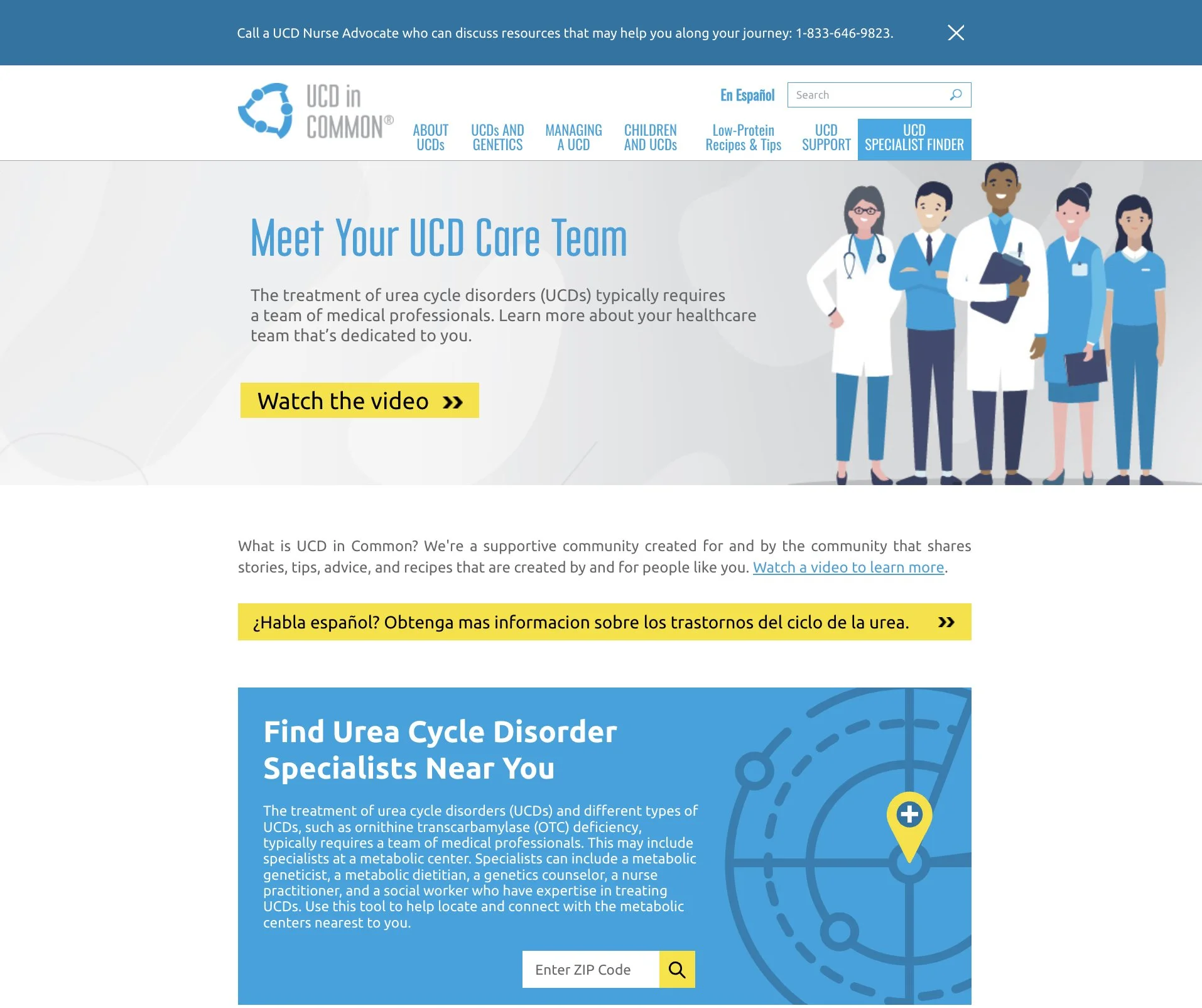 A webpage titled "Meet Your UCD Care Team" with a graphic of healthcare professionals and sources for information about urea cycle disorders, including watch videos and find specialists near you, with options in Spanish.
