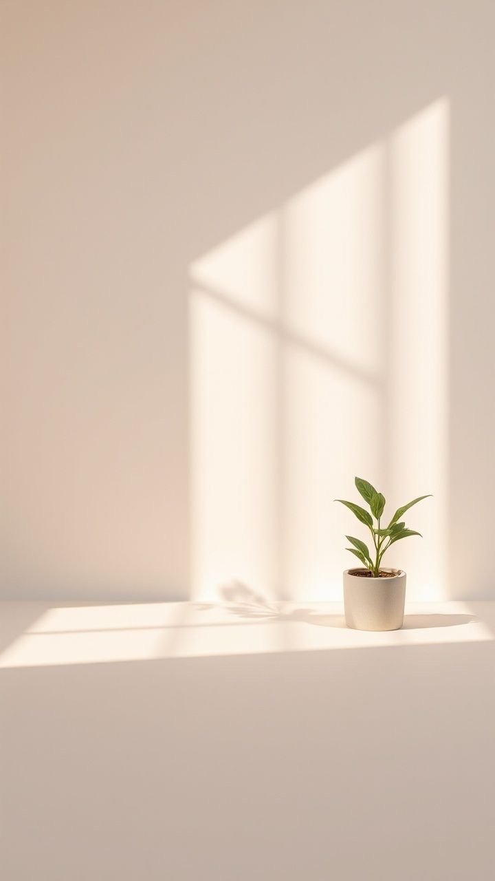 Small green plant in a white pot on a white surface with sunlight and shadows creating a geometric pattern on the wall behind.