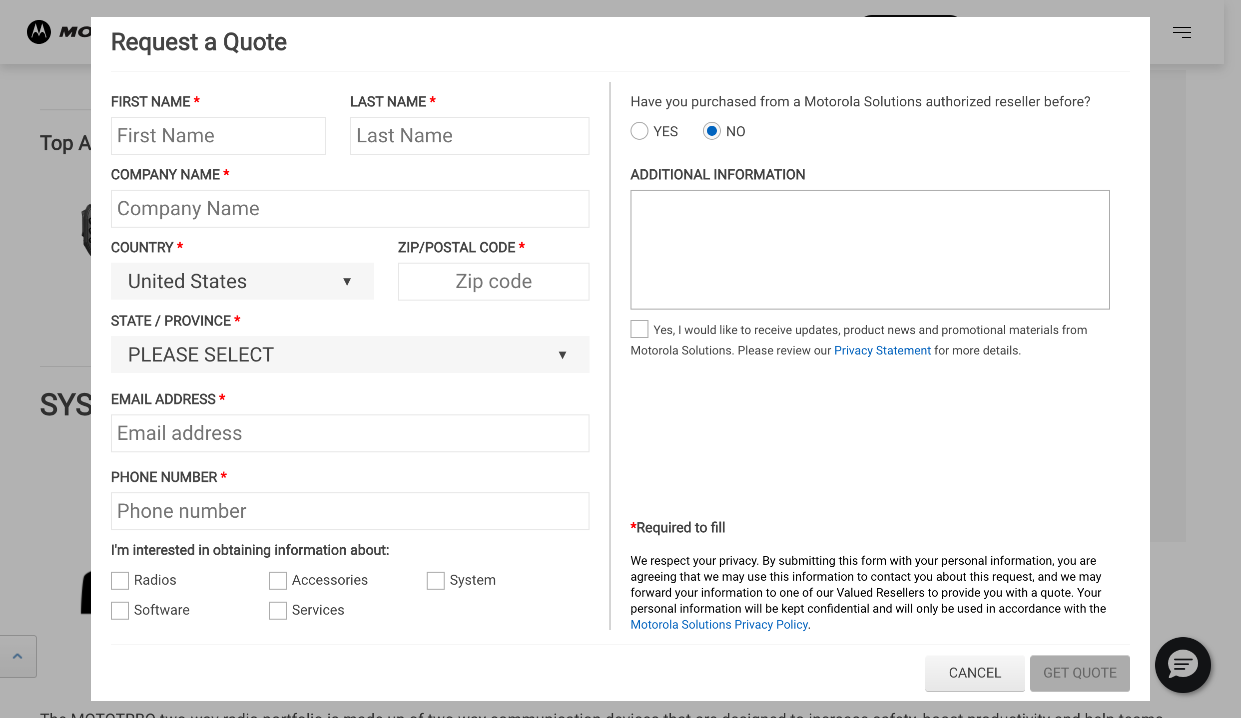 Screenshot of an online form titled 'Request a Quote.' The form includes fields for first name, last name, company name, country (United States selected), state/province, zip/postal code, email address, phone number, and interest areas like radios, accessories, system, software, and services. There are options about purchasing from an authorized reseller. At the bottom, there are buttons labeled 'Cancel' and 'Get Quote'.