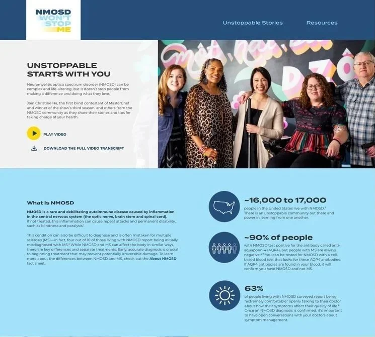 Group photo of five diverse women and one man standing together in front of a colorful background, at NMOSD awareness event.