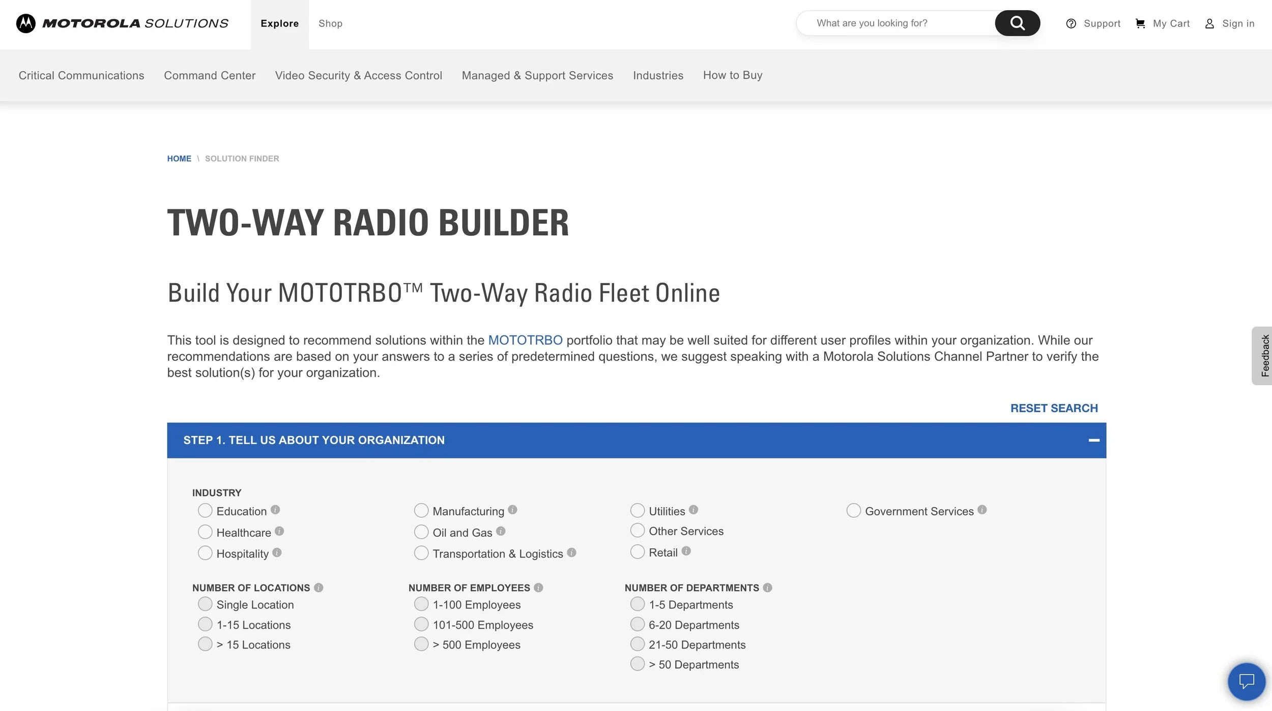 Screenshot of Motorola Solutions website with a tool for building a two-way radio fleet online, featuring a section titled "Step 1. Tell us about your organization" with multiple options for industry, number of locations, employees, and departments.