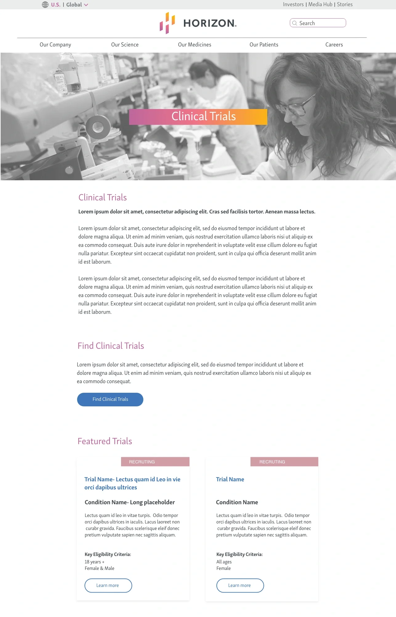 Screenshot of a webpage titled 'HORIZON' focused on clinical trials, showing a laboratory scene with scientists working, a navigation menu, and sections about clinical trials, including featured trial listings.