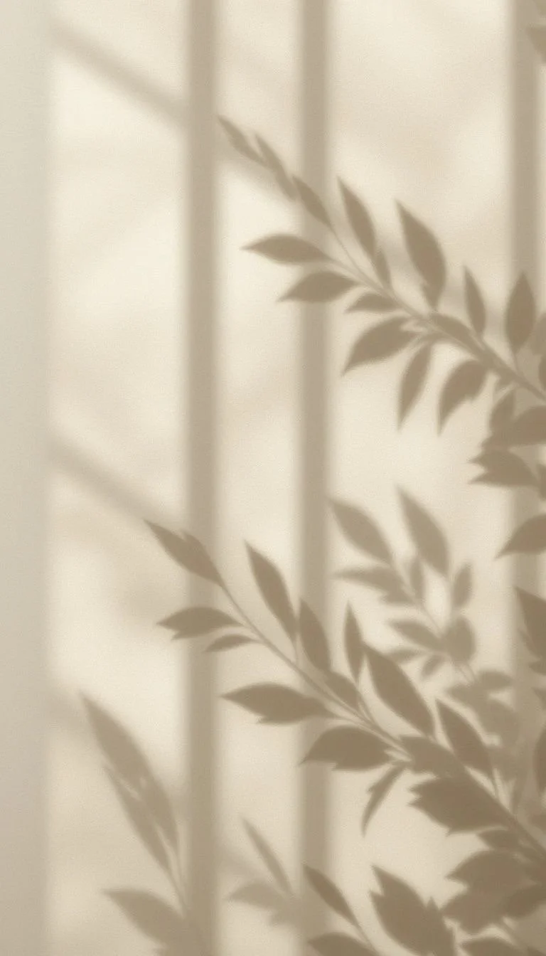 Shadow of leafy plant cast on light-colored wall.