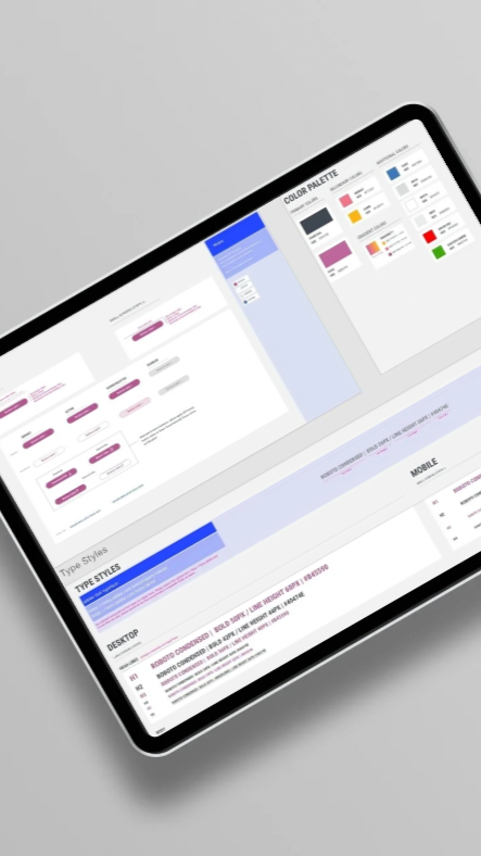 Tablet screen displaying website design tools, including color palettes, style options, and layout settings.