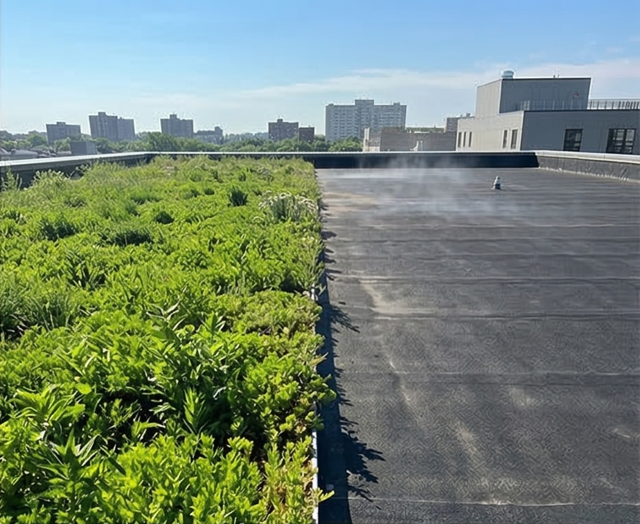Rooftop garden with leafy green plants on the left and a flat black roof surface on the right, with city buildings in the background under a clear blue sky.