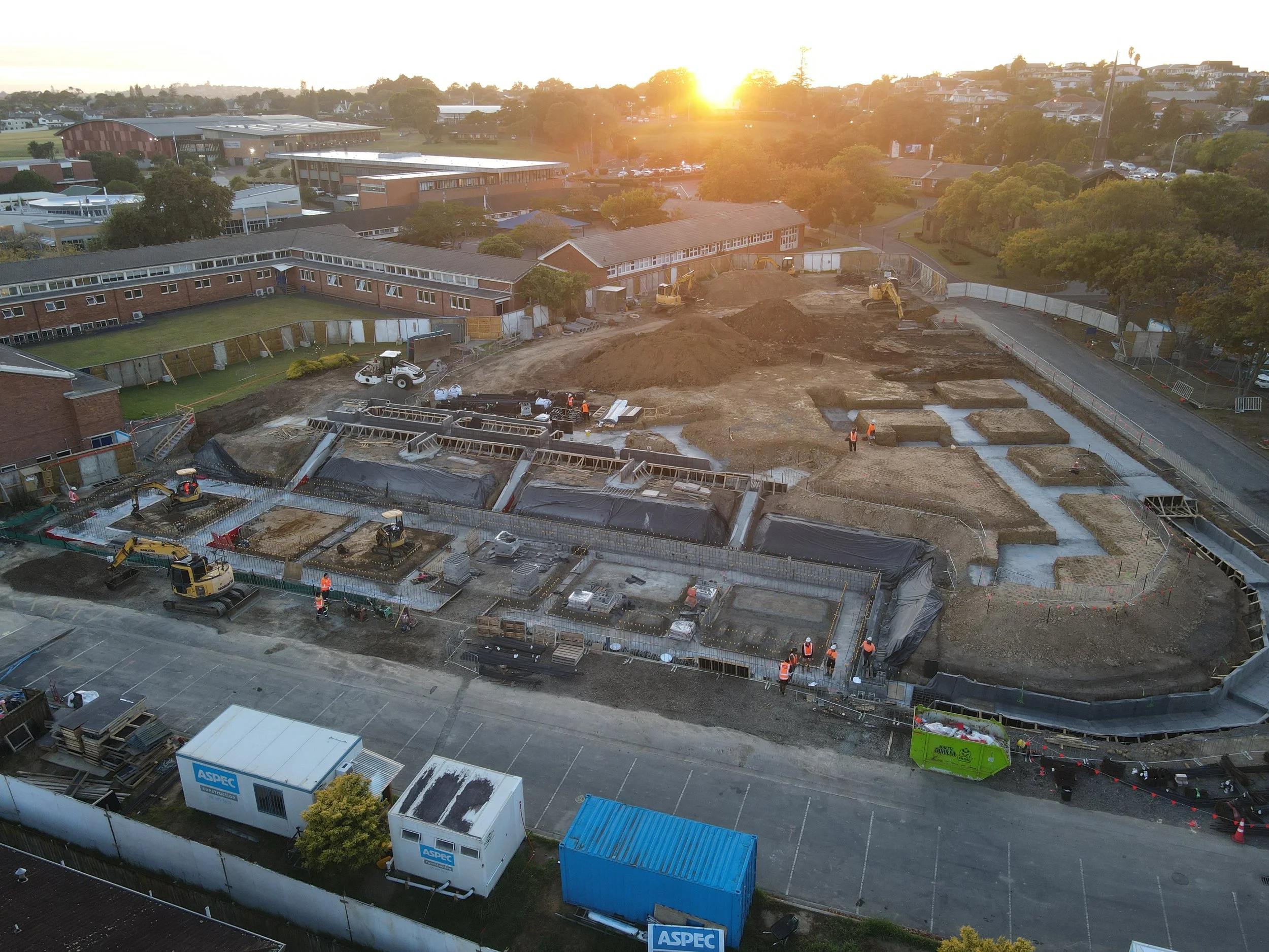 Aerial view of Auckland commercial construction site with MPM Waterproofing below-ground tanking underway