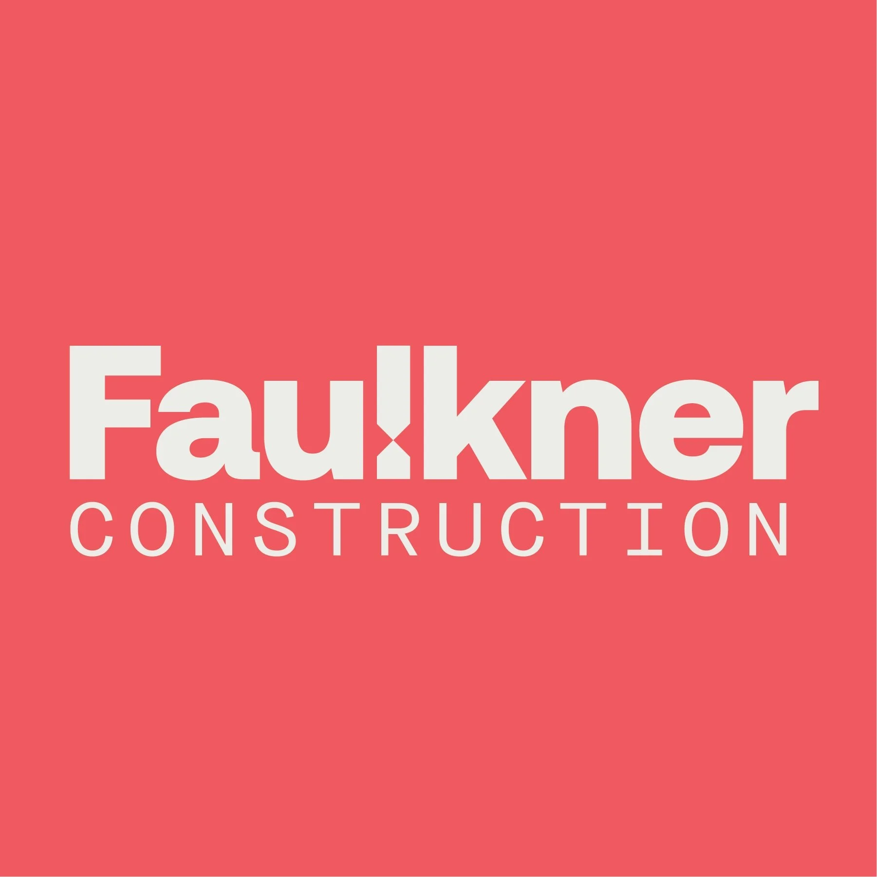 Faulkner Construction logo on a pink background with white text.