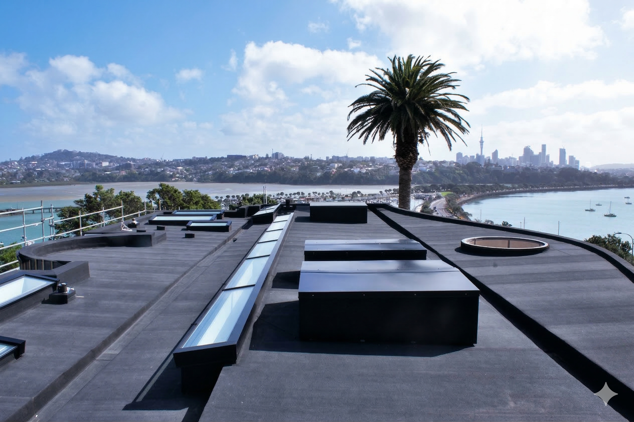 Membrane roofing installation at Paratai Drive residential property, Auckland