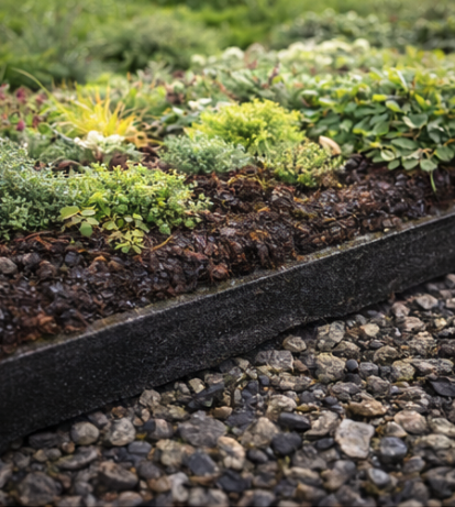 Green roof membrane edge detail with vegetated layer and drainage, Auckland