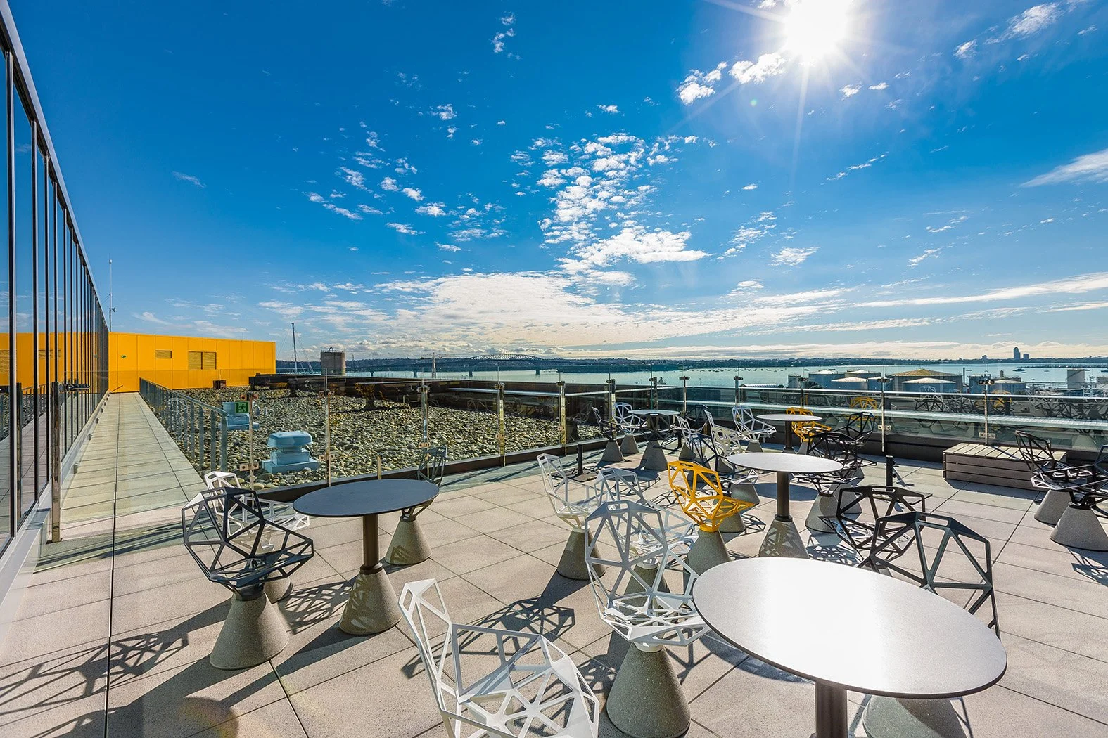 Completed commercial rooftop deck with harbour views, waterproofed by MPM Waterproofing, Auckland