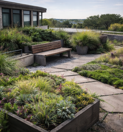 A rooftop garden with a wooden bench, potted plants, and various green and purple foliage, next to a building with large windows.