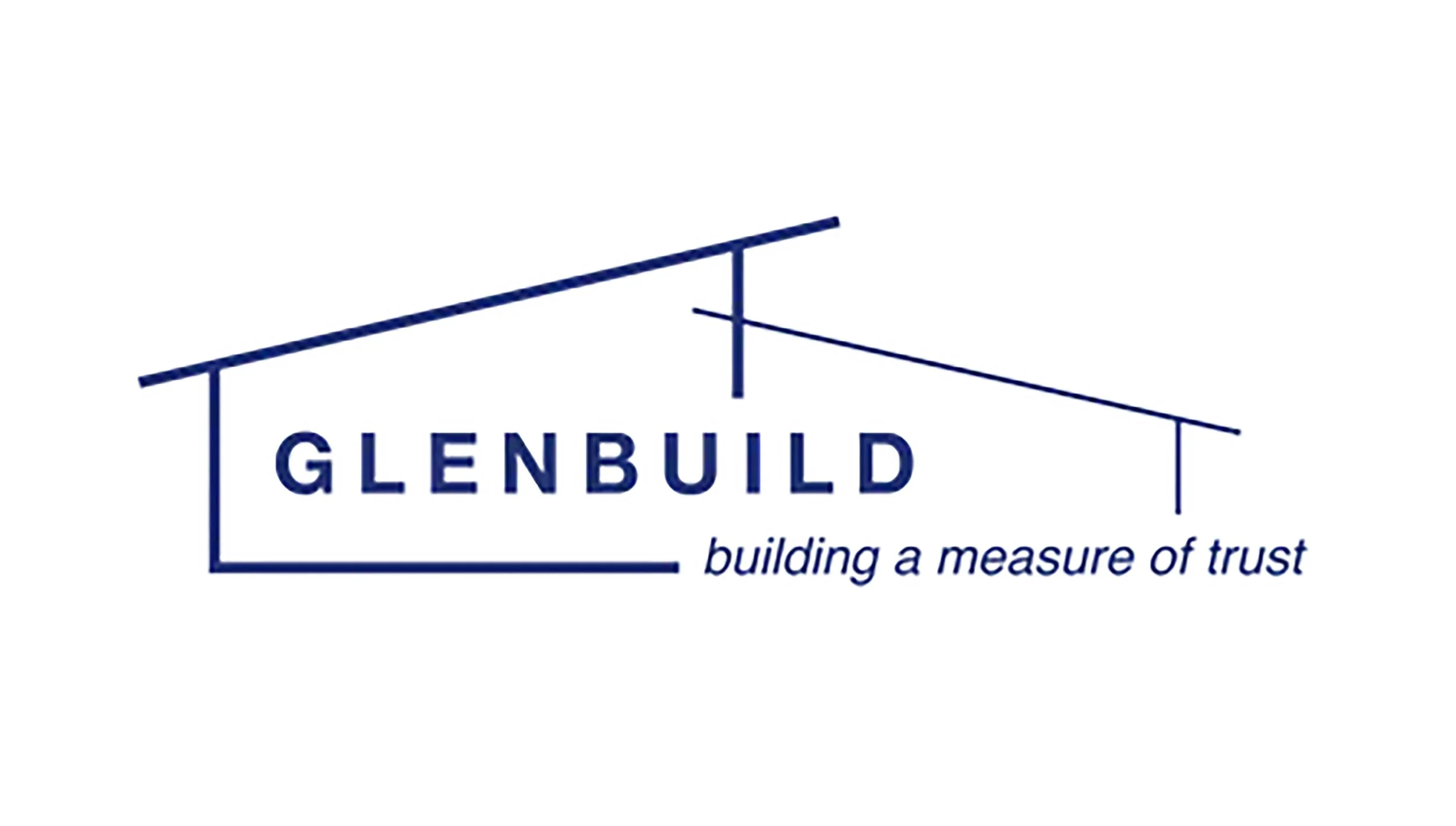Glenbuild logo with blue text and lines resembling a roof, tagline 'building a measure of trust'