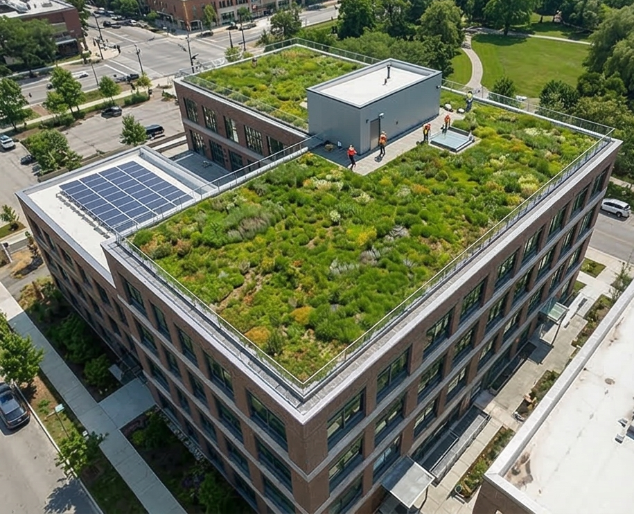 Aerial view of a modern brick building with a green rooftop garden, solar panels, and several workers standing on the rooftop.