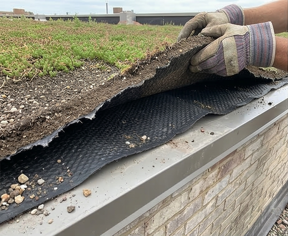 Person wearing gloves installing a waterproof membrane on a rooftop with soil and plants on top.