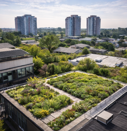 Urban rooftop garden with various plants and trees, surrounded by residential and high-rise buildings under a cloudy sky.