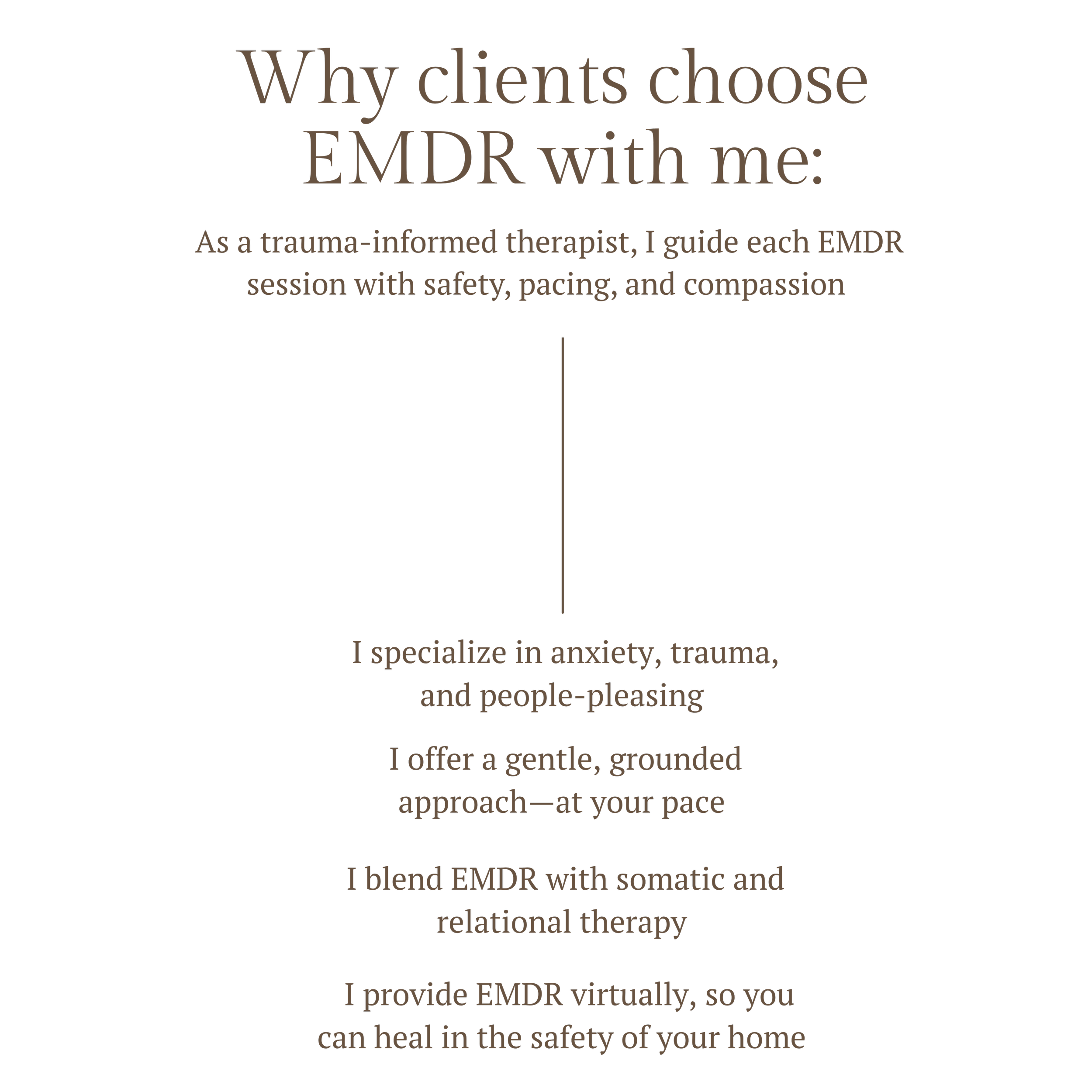 Black background with brown text promoting trauma-informed EMDR therapy, highlighting safety, compassion, and virtual sessions.