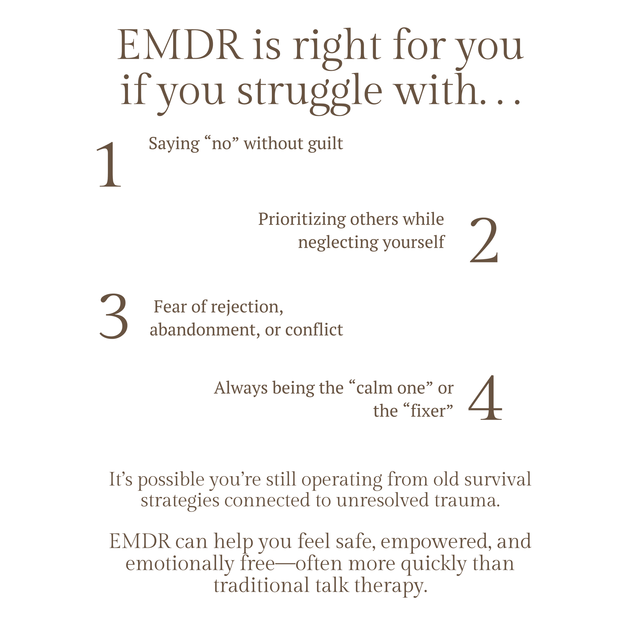 Text image about EMDR therapy, listing four reasons it might be beneficial, including struggle with saying no, prioritizing others, fear of rejection, and being the fixer, with additional information about trauma and emotional healing.