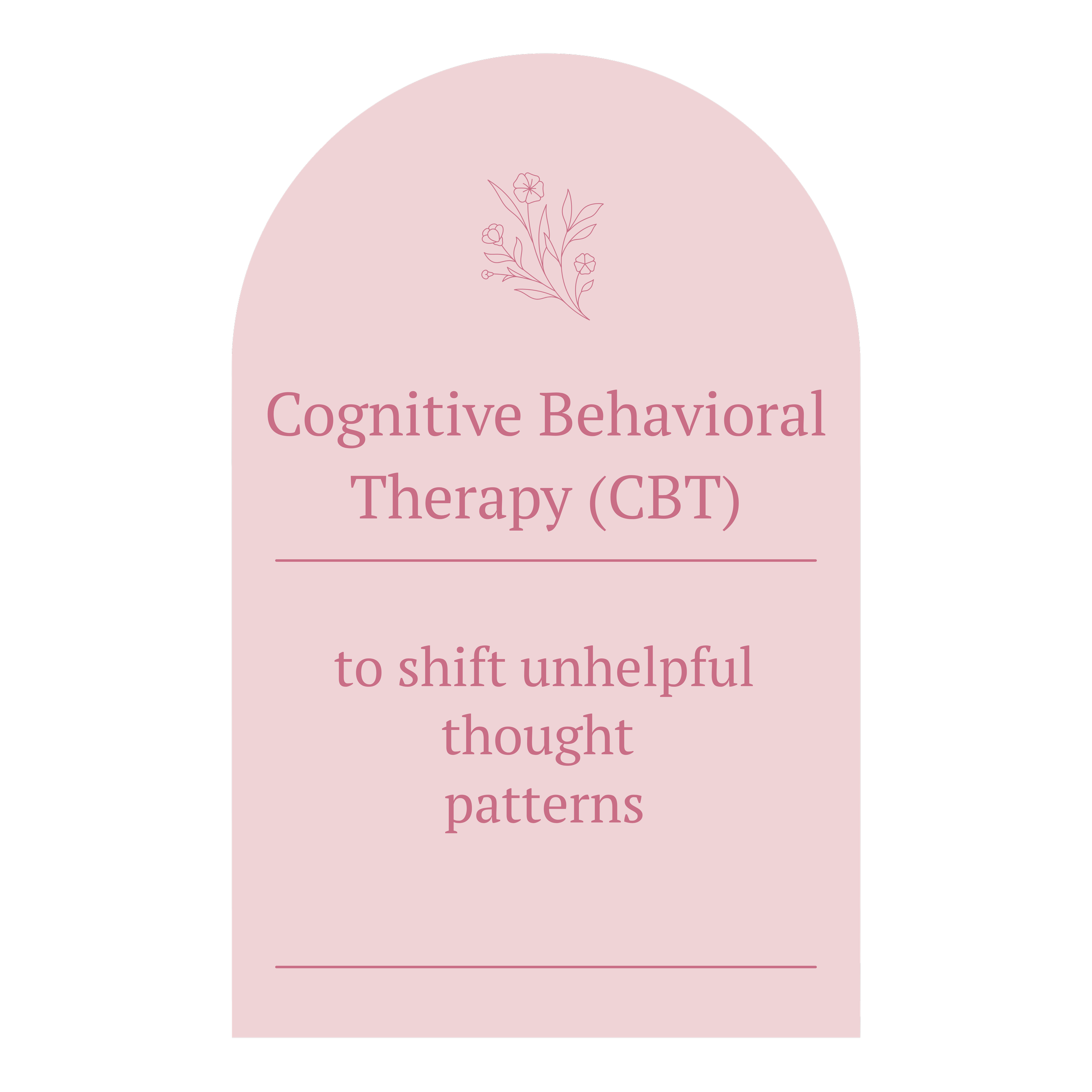 Pink sign with floral design at the top, displaying text about cognitive behavioral therapy to shift unhelpful thought patterns.