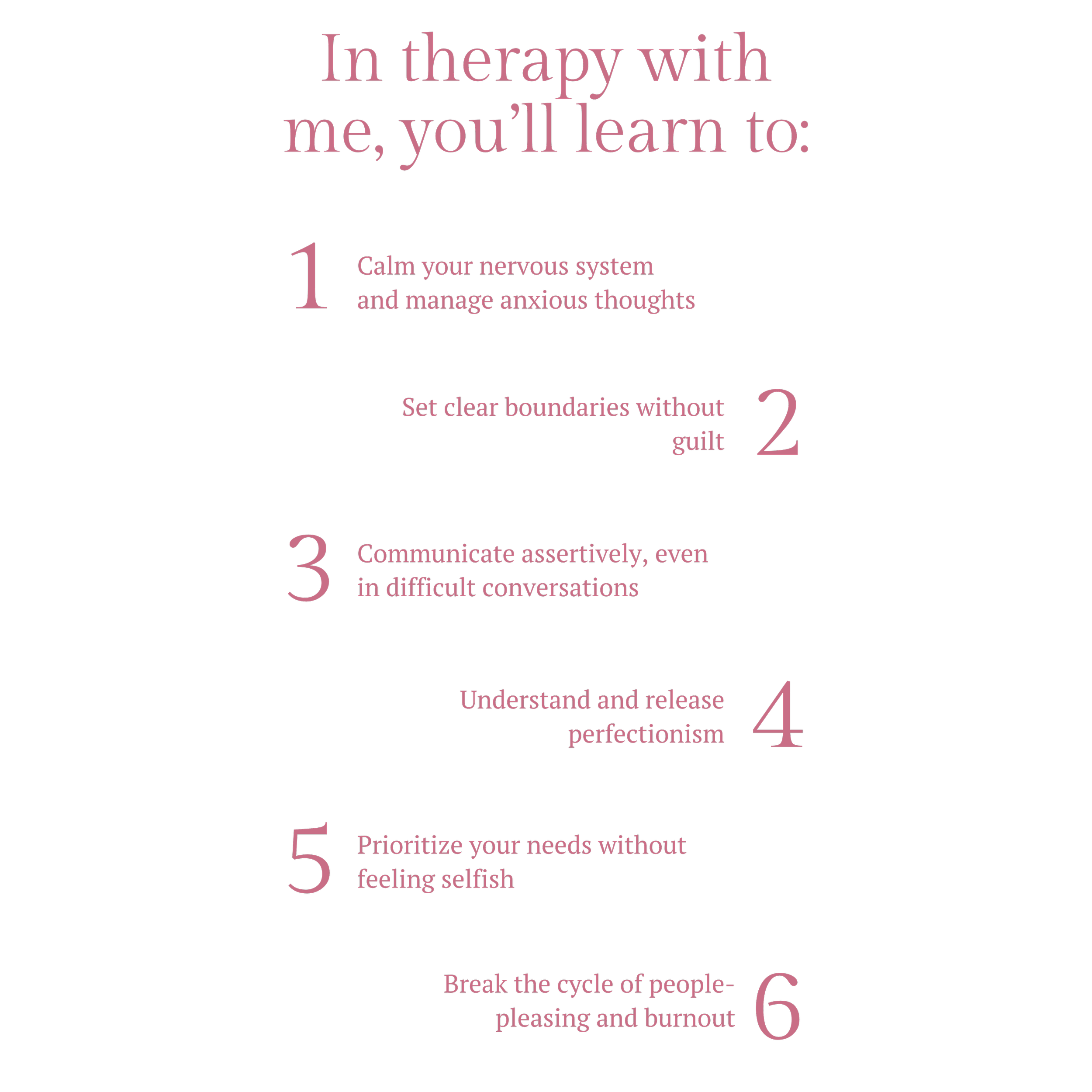 A black background with pink text listing six therapy tips, numbered one through six. Tips include calming the nervous system, setting boundaries without guilt, assertive communication, understanding perfectionism, prioritizing needs, and breaking cycles of people-pleasing.