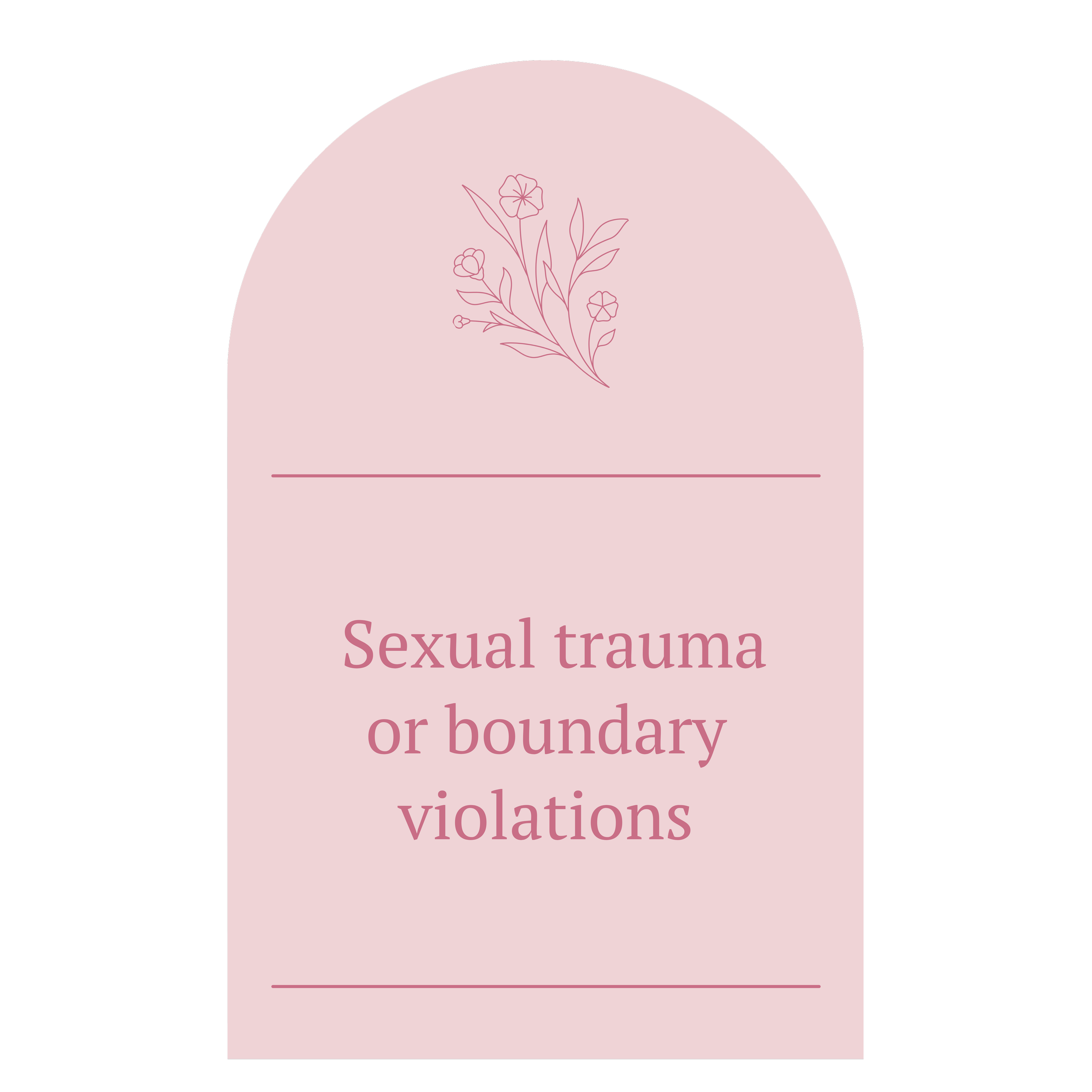 Pink tab with a floral illustration at the top and the text 'Sexual trauma or boundary violations' in large, pink font.
