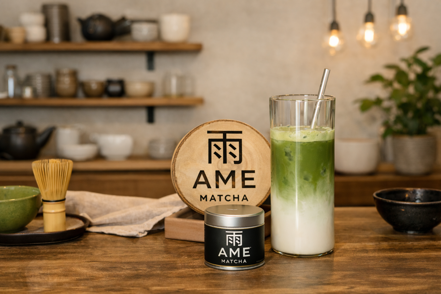 A tall glass of iced matcha latte with milk at the bottom and green matcha on top, with a metal straw. A container of AME Matcha powder, a bamboo whisk, and green and black bowls are on a wooden table. A wooden sign with AME Matcha logo and Japanese characters is in the background.