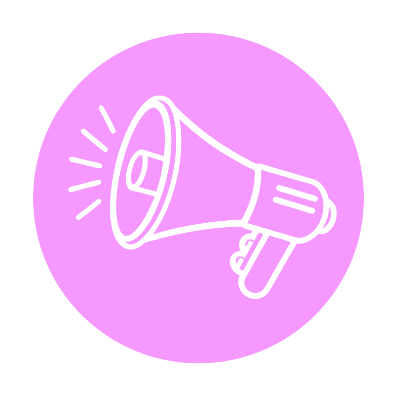 Black outline of a megaphone with sound waves, on a purple circular background.