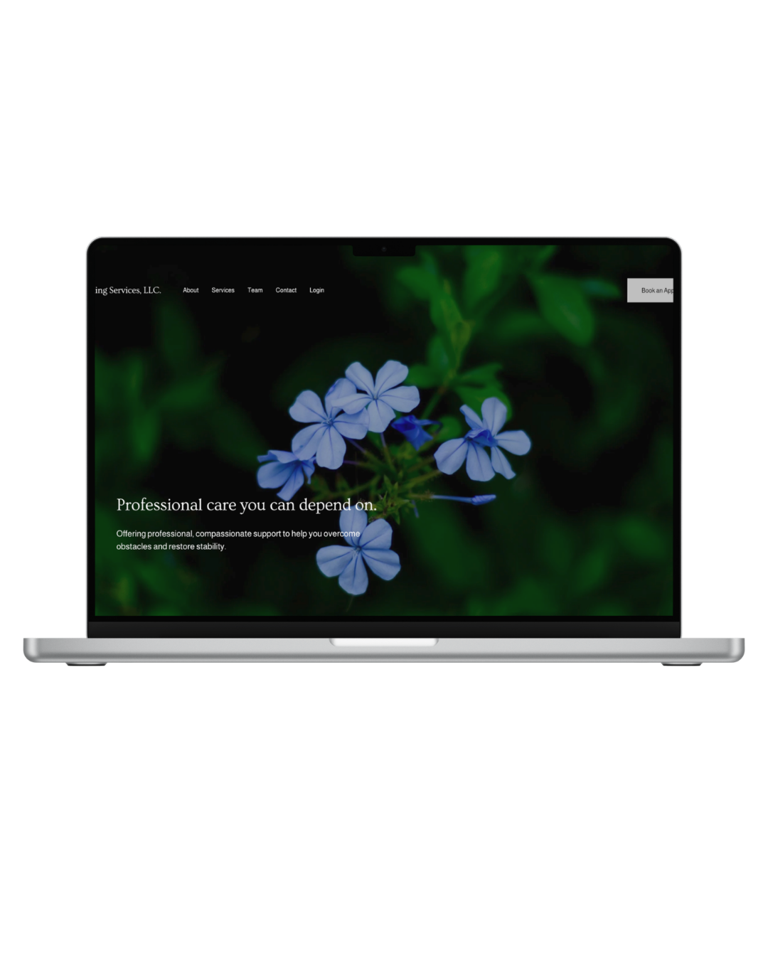 Homepage of JLS Counseling Services LLC website with blue flowers on a dark background and text promoting professional care and support.