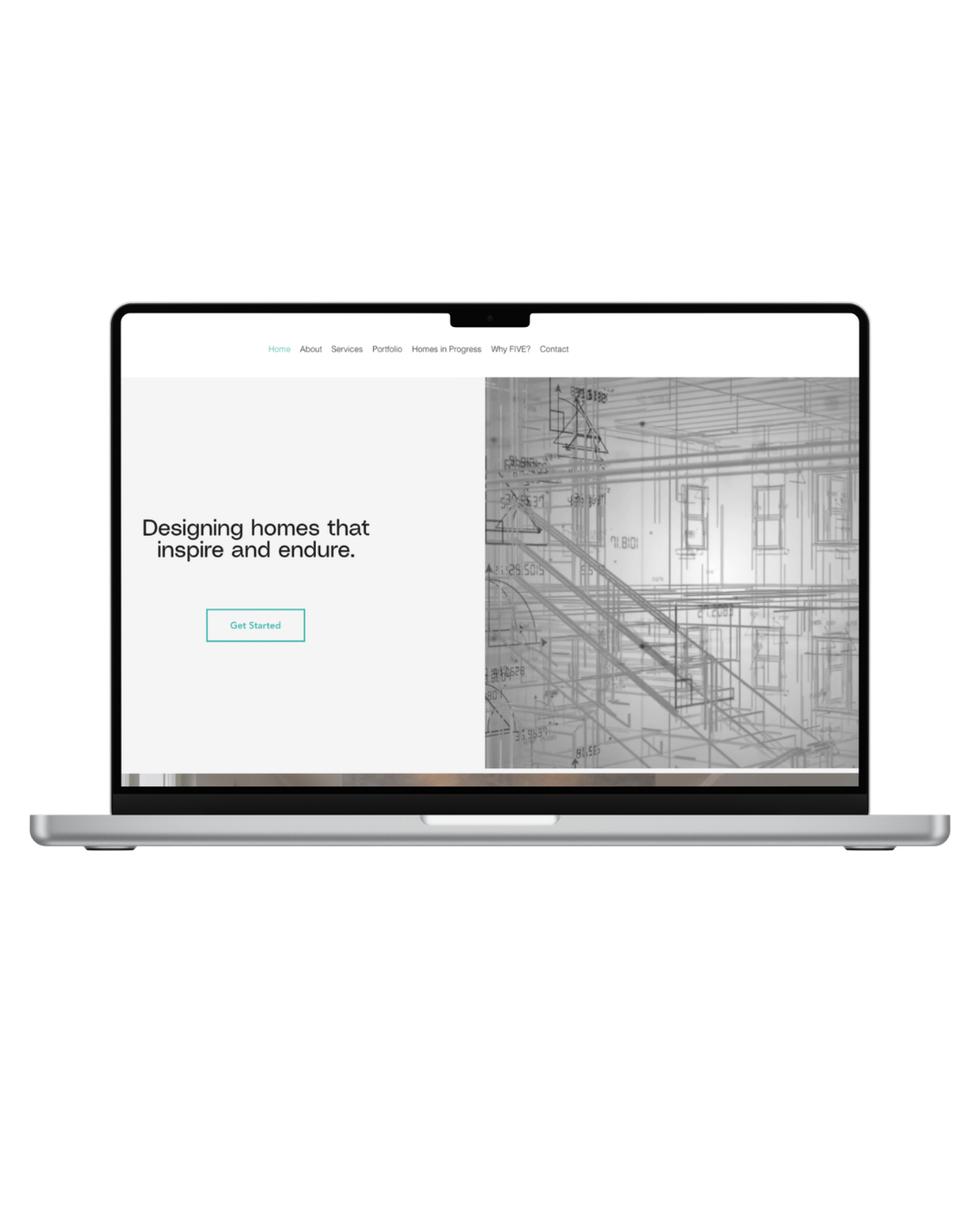 Homepage of a website titled "Five Design" with a focus on custom home designs, featuring a background blueprint with construction details, menu options like Home, About, Services, Our Work, Homes in Progress, Why Five?, and a Contact Us button.
