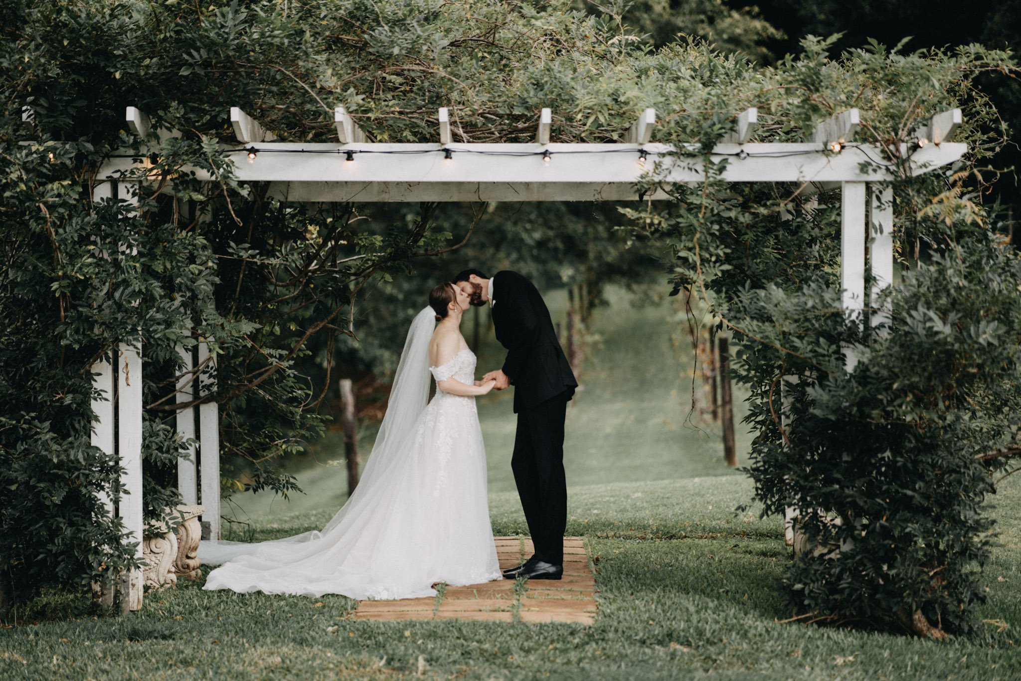Bride and groom kiss romantically under arbour in Maleny