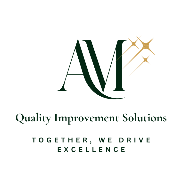 Logo for Quality Improvement Solutions with initials QIS, featuring gold stars and the slogan "Together, we drive excellence".