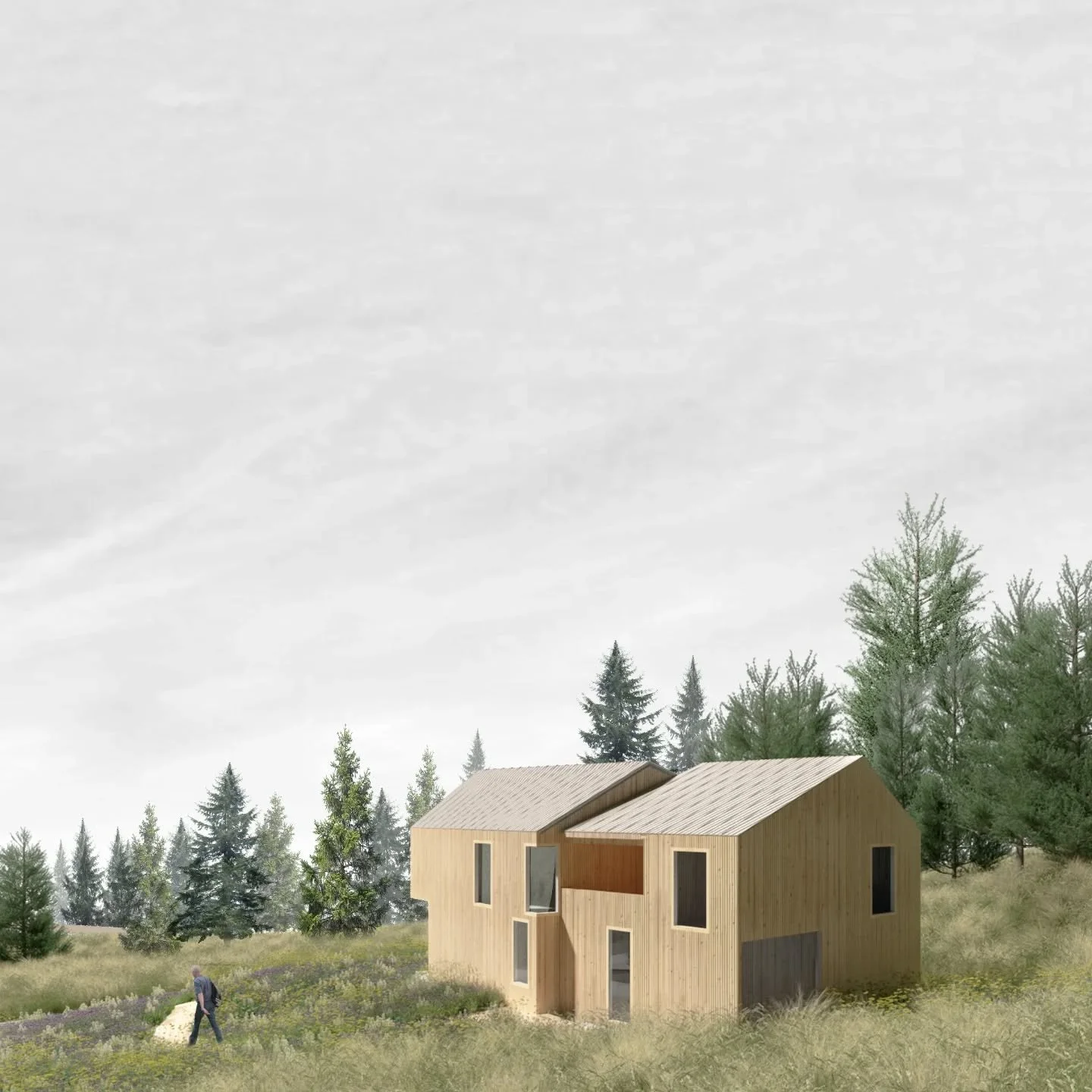 The workforce housing design for Alpenglow's wood products campus in Tahoe uses nail-laminated timber (NLT) panels produced locally.  The design for the cabins translates ecological care into architectural expression. repurposing small-diameter logs 
