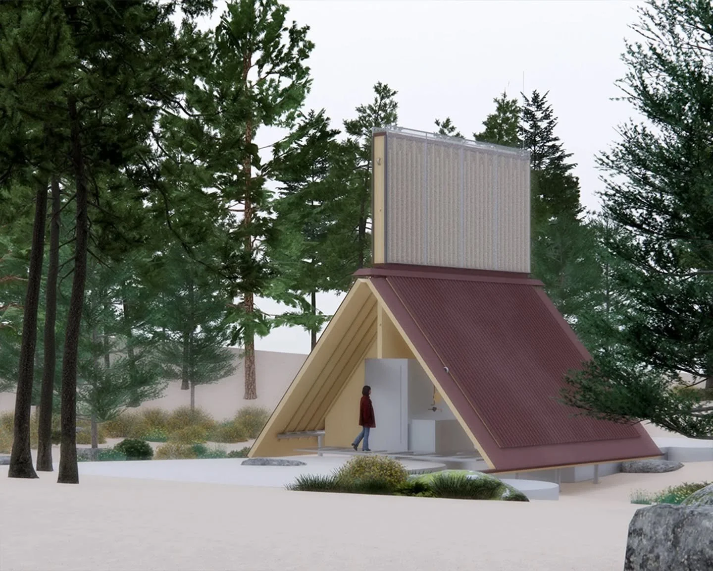 The second pavilion is a bathroom and wash stand, constructed from large panels lifted into place by crane trucks. Each panel is built up from dimensional lumber with different depths (e.g. 2x4s with 2x8s every 18&rdquo;). The deeper members function