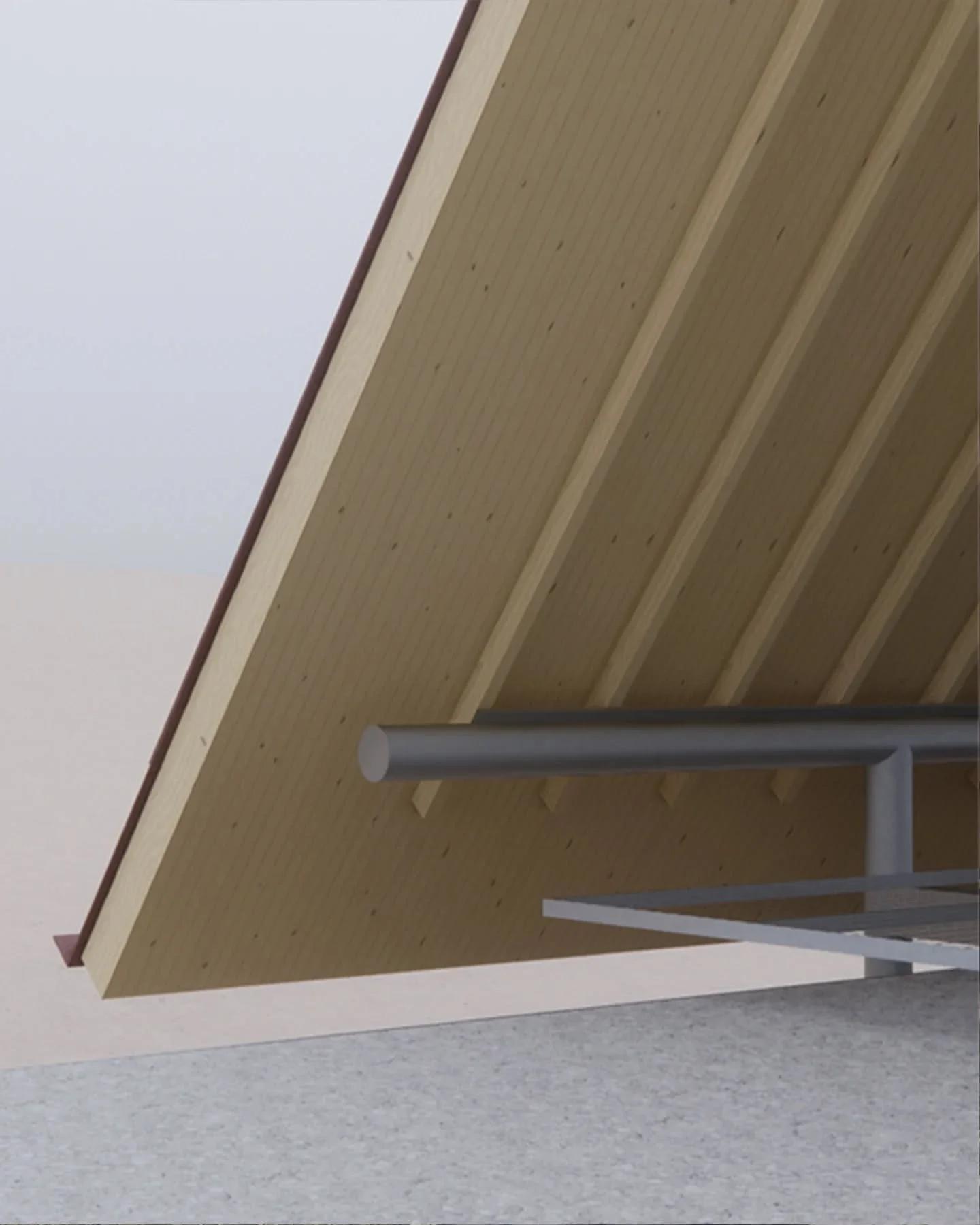 The building is connected to the ground via a site-built galvanized steel structure. The steel posts start at grade and extend above the floor beams, making the floor appear sunken yet floating. The posts go up to a cylindrical beam which connects to