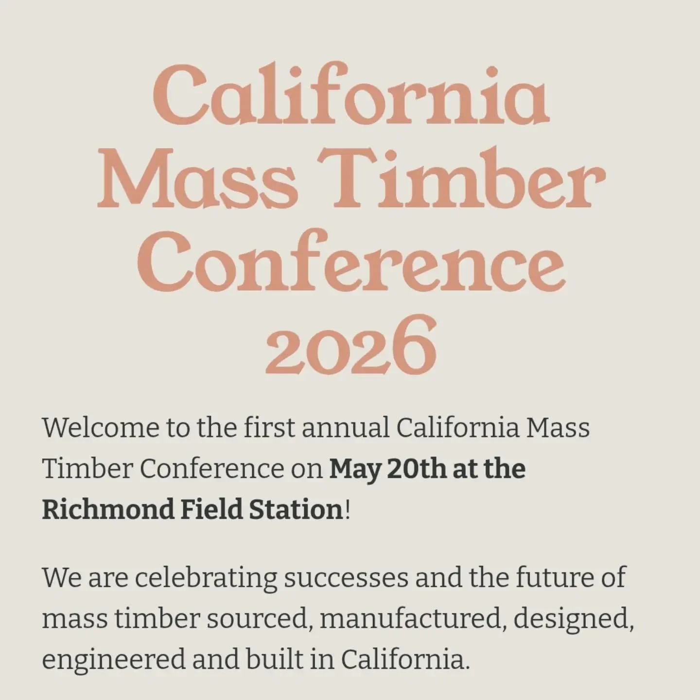 Welcome to the first annual mass timber conference of California!!

The Berkeley Wood Lab is pleased to host the gathering at the Richmond Field Station on May 20th in partnership with @caforestryandfire (Katie Harrell) @bay_area_council (Patrick Kal