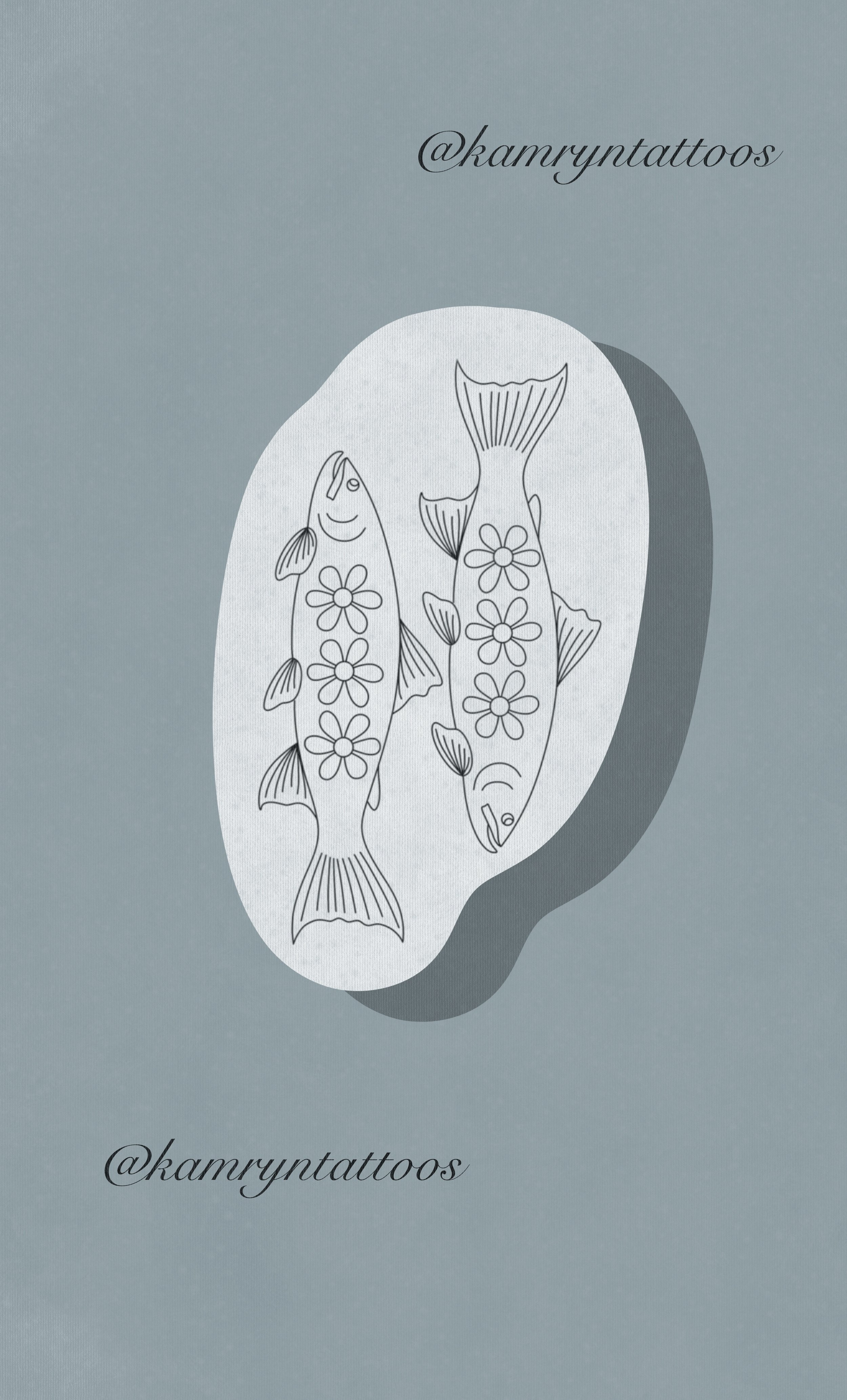 Line drawing of two fish decorated with flowers, with the handle '@kamryntattoos' written above and below.