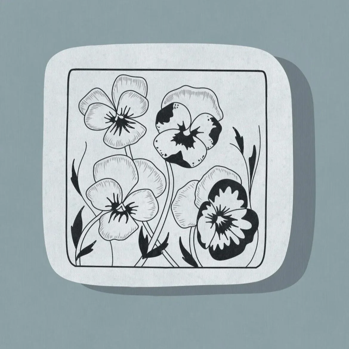 Black and white illustration of pansy flowers on a square tile.