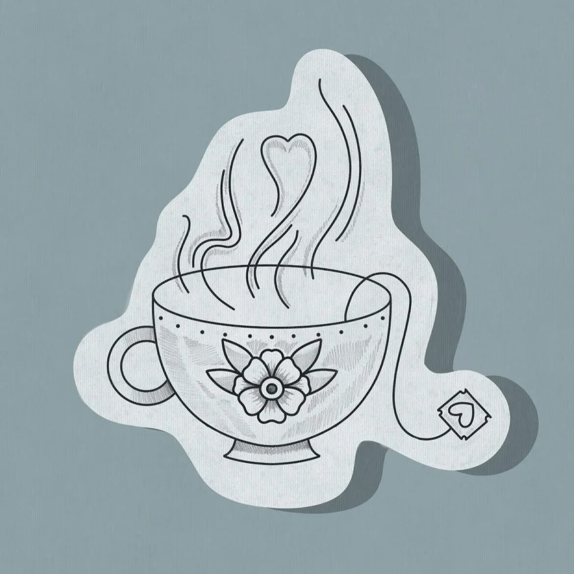 A line drawing of a steaming cup with a flower design on it, steam rising from the cup forms a heart shape, and a tea bag with a heart label is hanging from the cup.