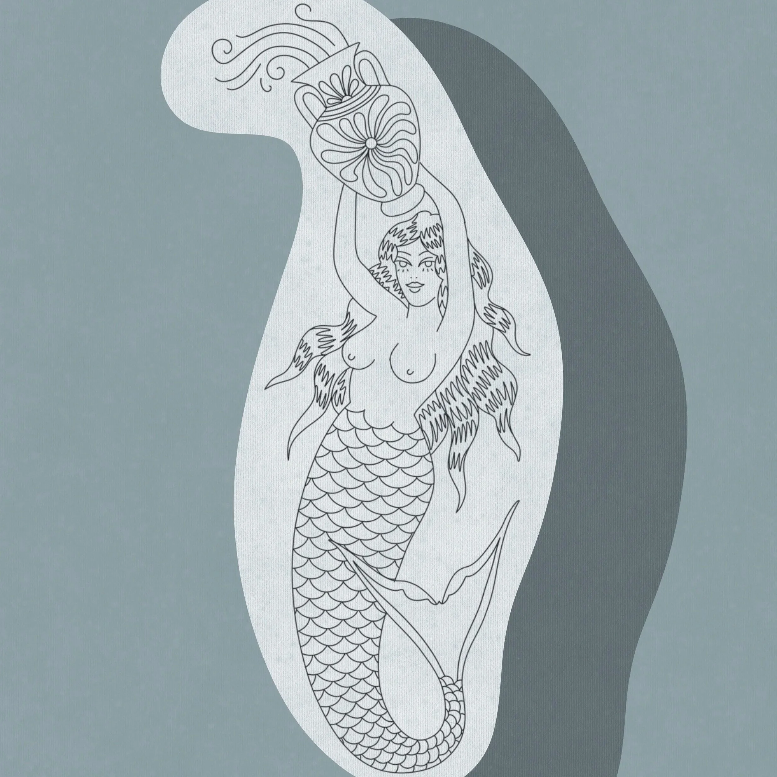 Line drawing of a mermaid with long hair and a fish tail, holding a large decorative vase above her head.