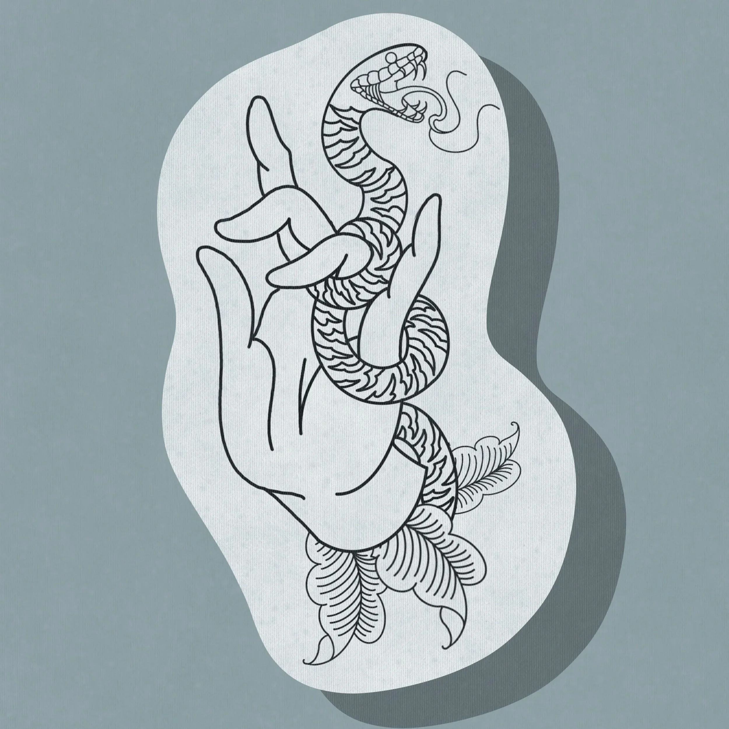 Line art illustration of a snake intertwined with a hand with long nails, surrounded by leaves, on a wall.