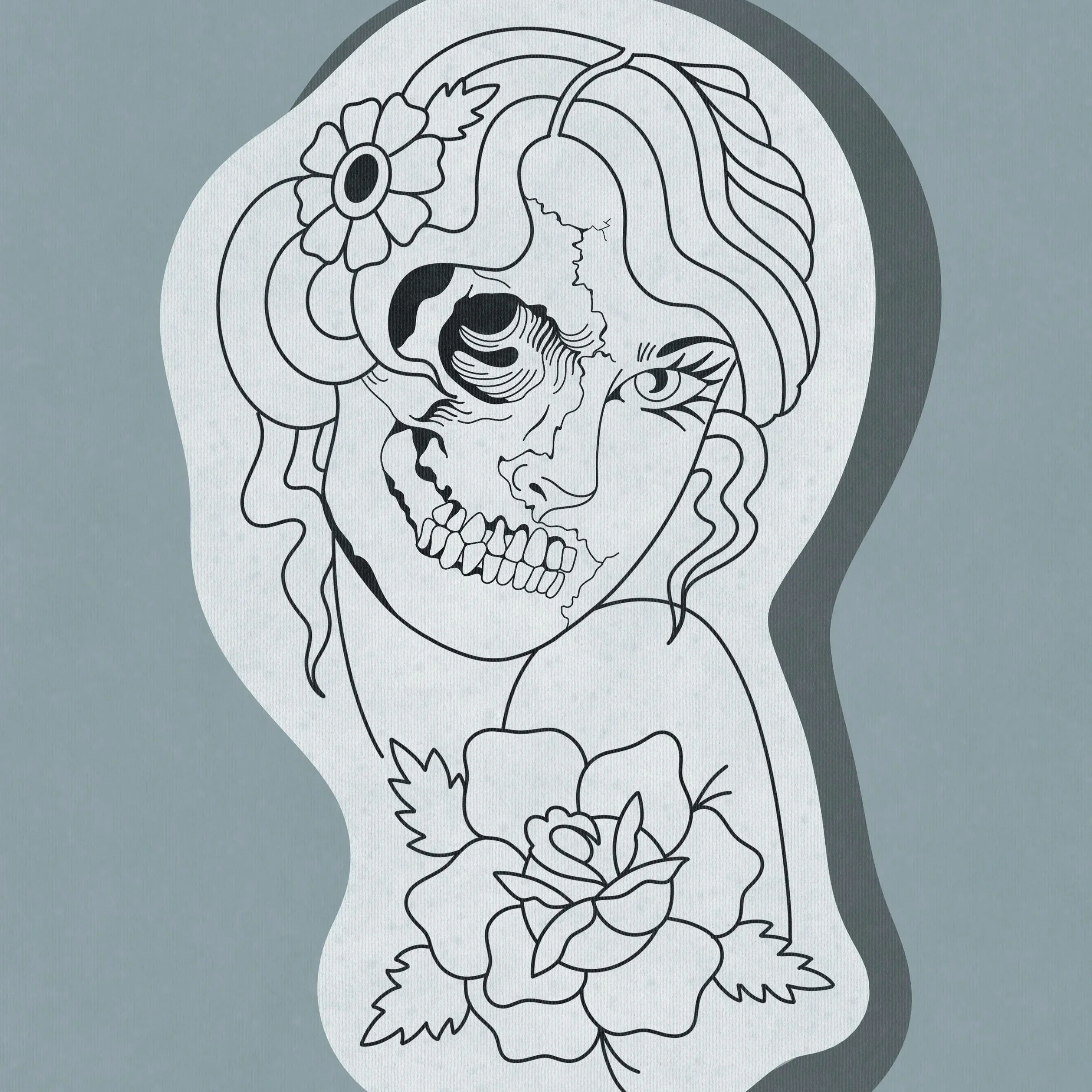 Line drawing of a woman's face with half a skull, adorned with flowers and leaves.