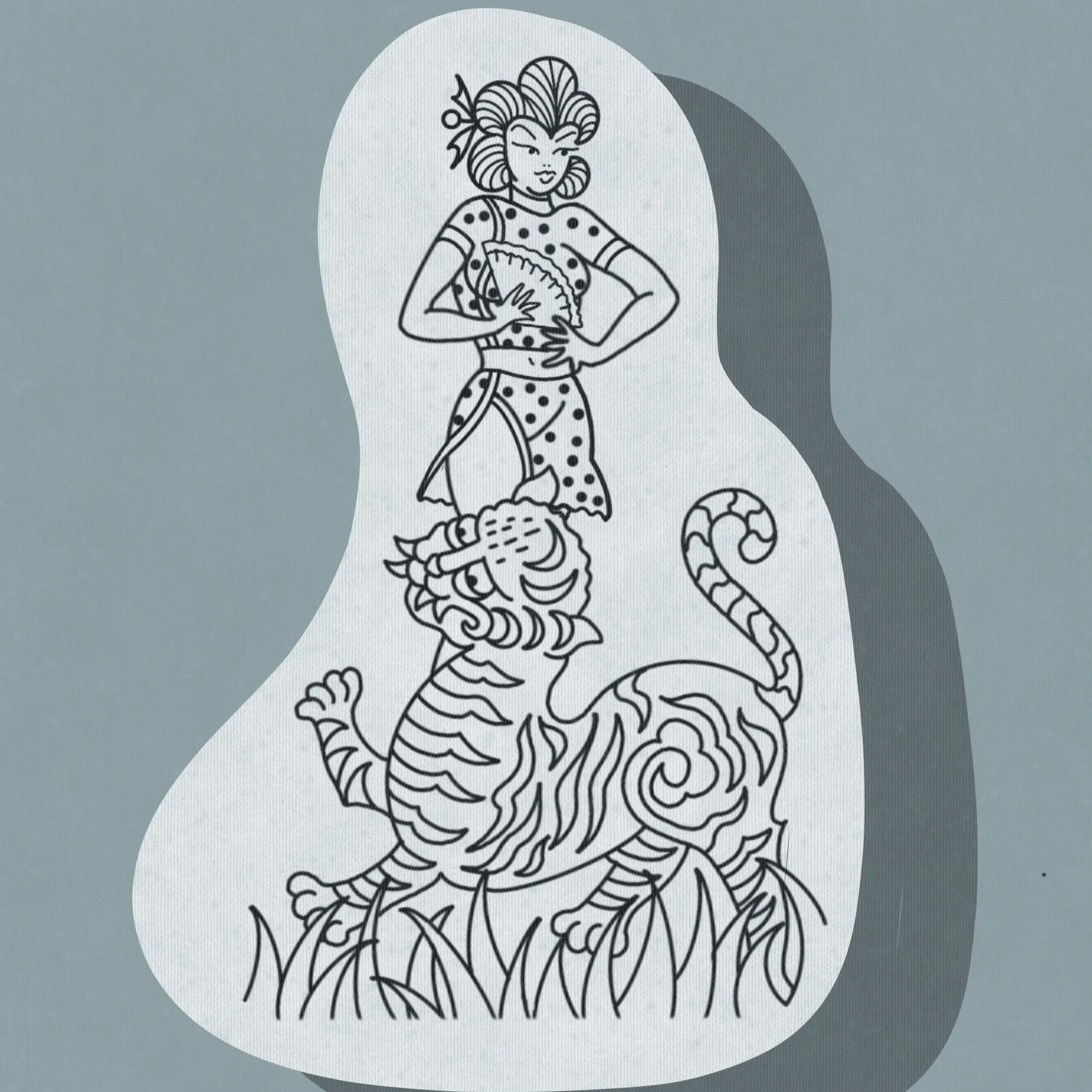 Black and white line drawing of a woman with stylized hair, wearing a polka dot dress, standing with arms akimbo and holding a fan, above a tiger with a wavy striped pattern, surrounded by grass.