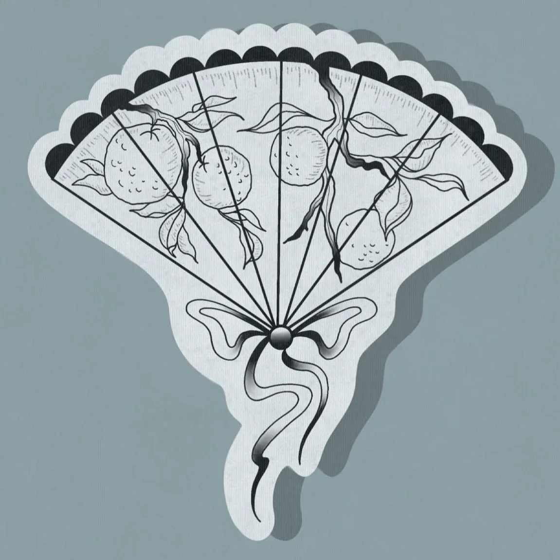 A folding hand fan decorated with drawings of strawberries and leaves, with a ribbon tied at the handle.