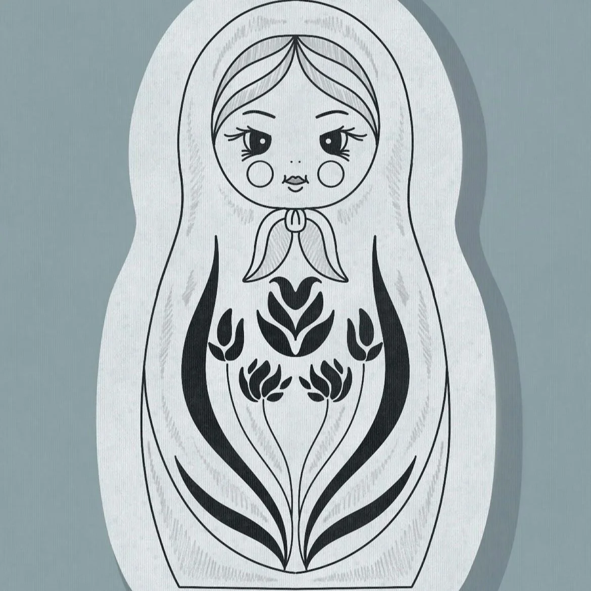 Line drawing of a doll with long hair, large eyes, rosy cheeks, and a scarf around her neck, surrounded by floral patterns.