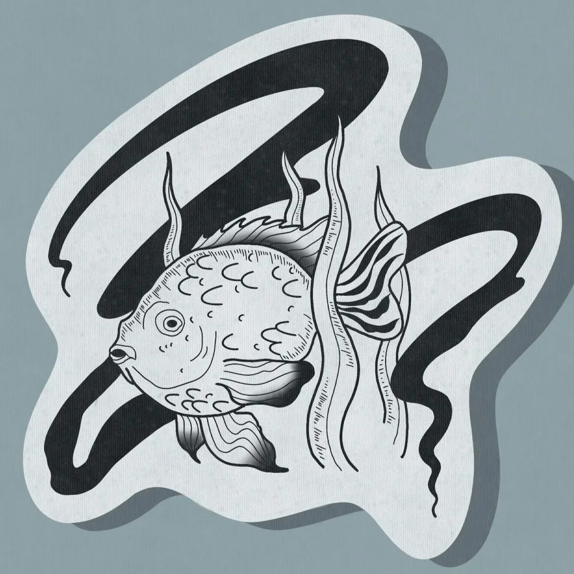 Black and white drawing of a fish surrounded by abstract wavy lines