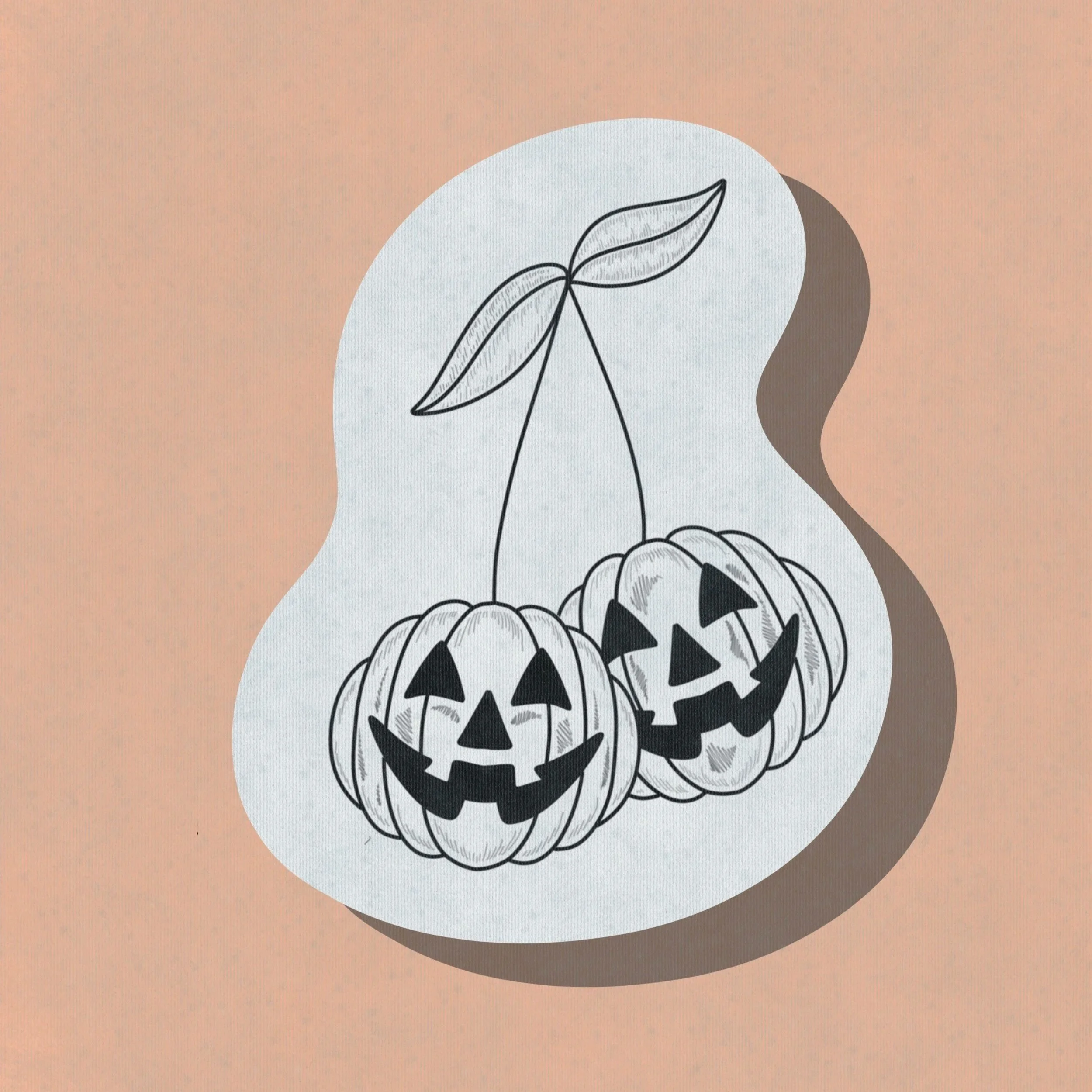 Black and white drawing of two pumpkins with carved faces, connected by a stem with leaves, set against a peach-colored background.