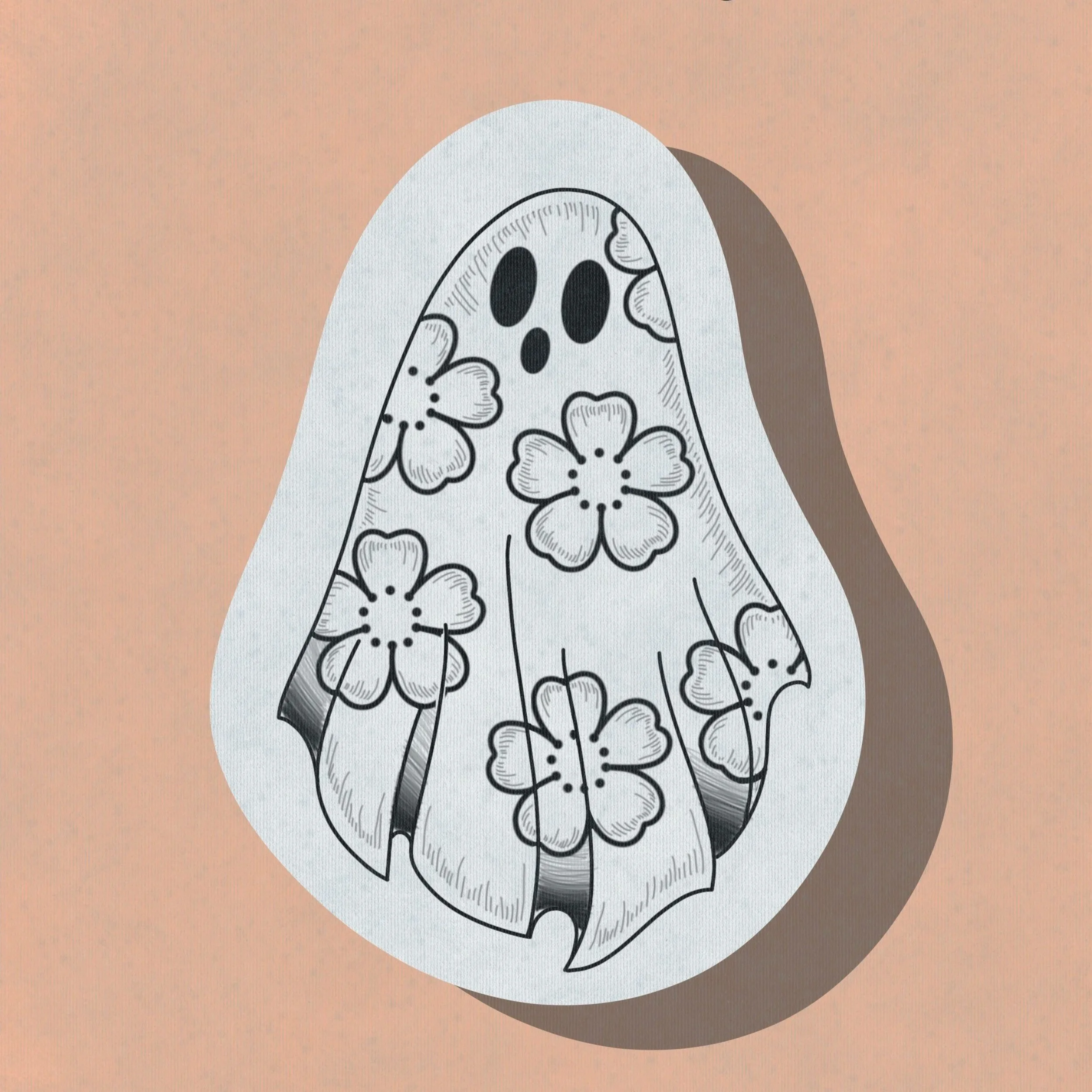 A black and white illustration of a ghost with a face and flowers on its body, on a pink background.