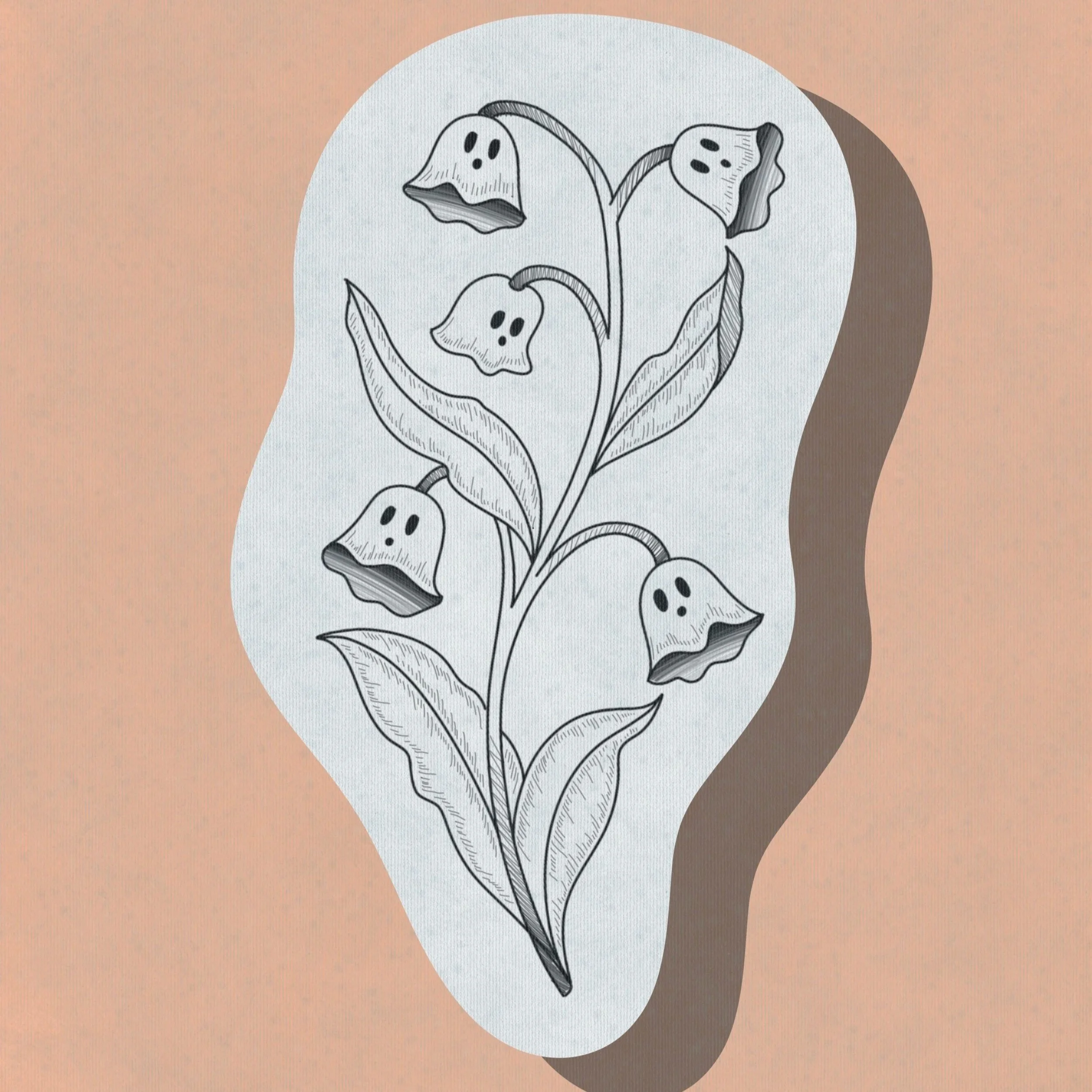 A black and white sketch of a plant with five bell-shaped flowers, each with ghostly faces, and elongated leaves, drawn on white paper with a shadow cast on a peach background.